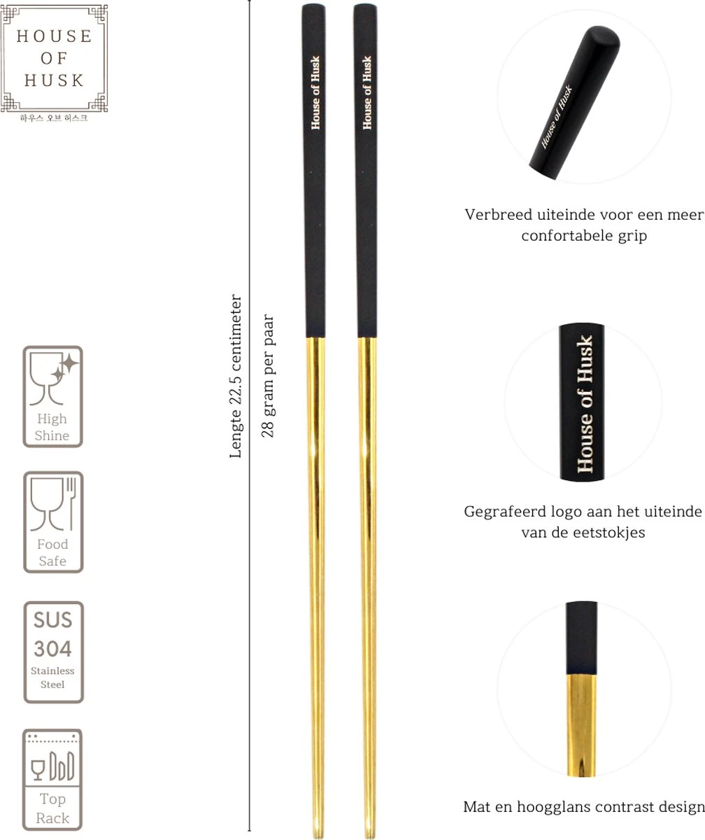 House Of Husk Chopsticks Set - Koreaanse Eetstokjes - Vaatwasserbestendig - RVS - 5 Paar - Duo Tone - Zwart Goud 4 House Of Husk Chopsticks Set - Koreaanse Eetstokjes - Vaatwasserbestendig - RVS - 5 Paar - Duo Tone - Zwart Goud - Afbeelding 2