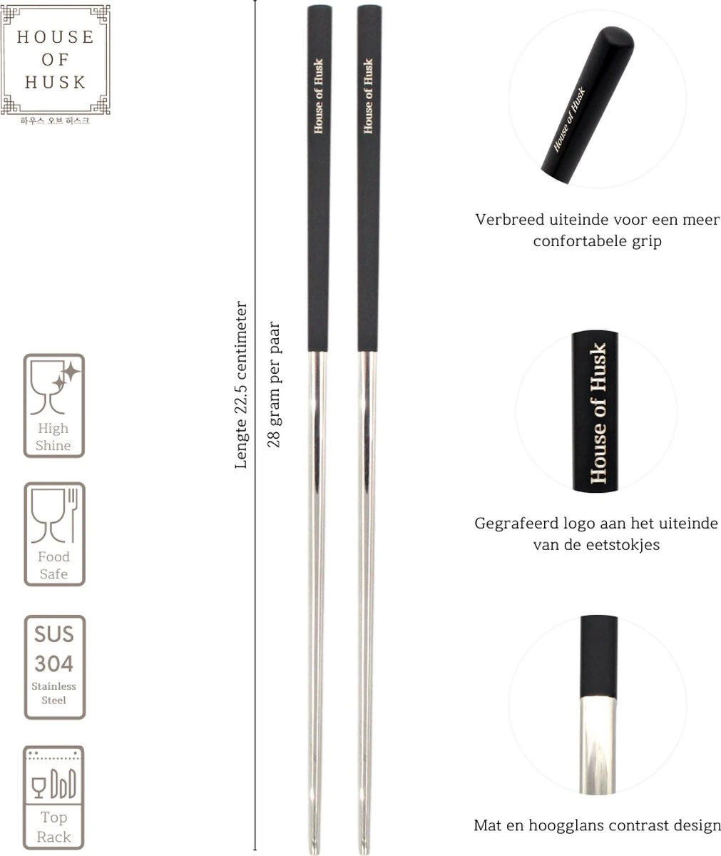 House Of Husk Chopsticks Set - Koreaanse Eetstokjes - Vaatwasserbestendig - RVS - 5 Paar - Duo Tone - Zwart Zilver 4 House Of Husk Chopsticks Set - Koreaanse Eetstokjes - Vaatwasserbestendig - RVS - 5 Paar - Duo Tone - Zwart Zilver - Afbeelding 2