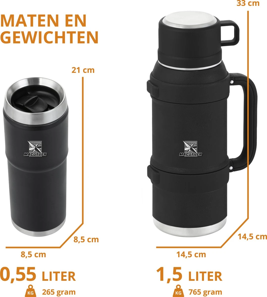 MacGyver RVS Thermoskan 1.5 Ltr – RVS Thermosbeker 0,55 Ltr - Langdurig Warm/koud - Zwart 7 MacGyver RVS Thermoskan 1.5 Ltr – RVS Thermosbeker 0,55 Ltr - Langdurig Warm/koud - Zwart - Afbeelding 5