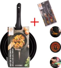 Masterchef Koekenpannen | 3-Delige Koekenpannenset | Inclusief 3 Inclusief Signature Collection Masterchef Messen | Ø 20, 24 En 28 Cm | Geschikt Voor Verschillende Warmtebronnen | Inductie, Elektrisch, Gas En Keramisch Pannenset | Vrij Van PFOA
