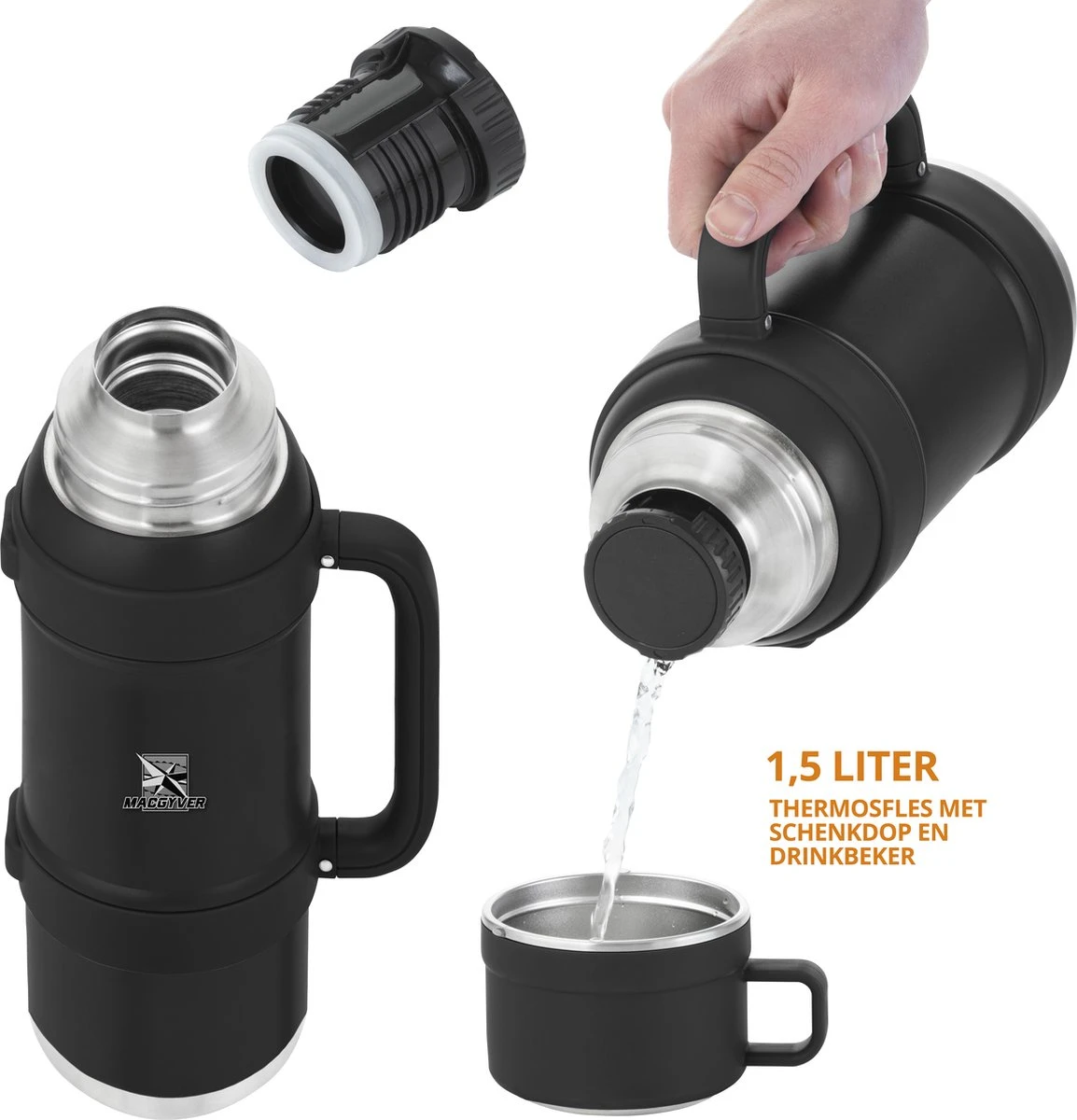 MacGyver RVS Thermoskan 1.5 Ltr – RVS Thermosbeker 0,55 Ltr - Langdurig Warm/koud - Zwart 12 MacGyver RVS Thermoskan 1.5 Ltr – RVS Thermosbeker 0,55 Ltr - Langdurig Warm/koud - Zwart - Afbeelding 10