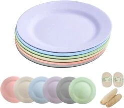 Onbreekbare Borden Van 25 Cm, 6-delige Set, Herbruikbare Platte Borden Met Luffas-afwasborstels, Eetborden, Kunststof, Licht Voor Feestjes, Kamperen, BBQ/pizza, Magnetronbestendig, Vaatwasmachinebestendig, BPA-vrij (veelkleurig)