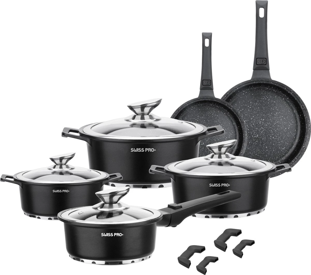 Swiss Pro+ | Set 14 Delige Pannenset | Inductie - Pannensets - Glazen Deksel - Met Afneembare Handgreep - Marmeren Interieur -PFAS-vrij | Black (Zwart) 4 Swiss Pro+ | Set 14 Delige Pannenset | Inductie - Pannensets - Glazen Deksel - Met Afneembare Handgreep - Marmeren Interieur -PFAS-vrij | Black (Zwart) - Afbeelding 2
