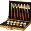 Merkloos Bestekset - 24 Delig Bestekset - 6 Personen - Rood/Goud - Tafellepels/Tafelmessen/Tafelvorken/Koffielepels - Roestvrij Staal -Keuken Benodigdheden Winkel 1200x1076