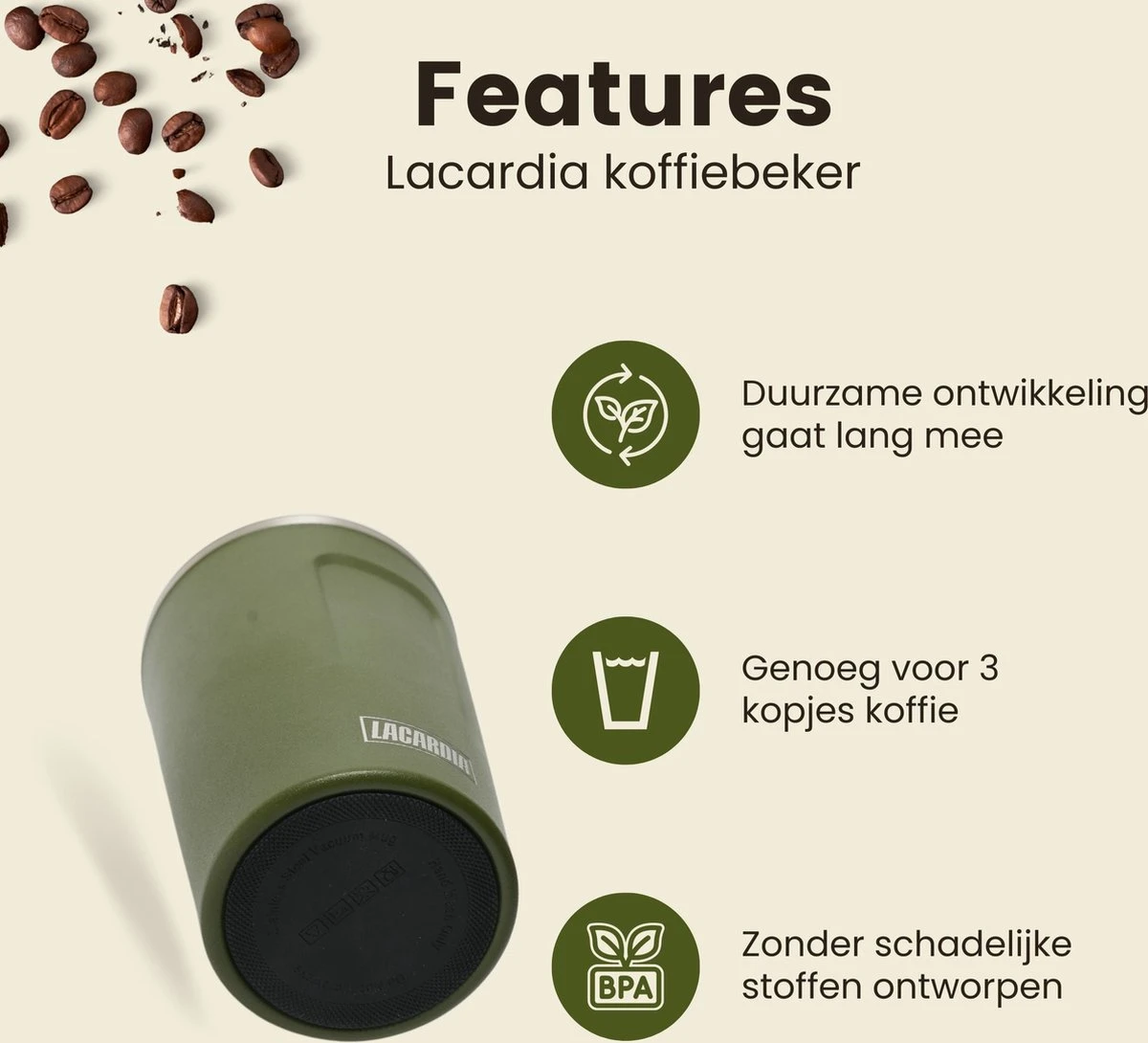 LaCardia Koffiebeker To Go Premium Groen – Thermosbeker – Theebeker – 380ML – Herbruikbaar 5 LaCardia Koffiebeker To Go Premium Groen – Thermosbeker – Theebeker – 380ML – Herbruikbaar - Afbeelding 3