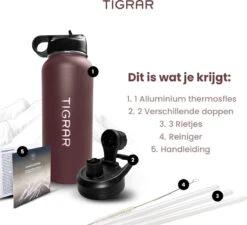 Tigrar - Waterfles Met Rietje - Drinkfles 1 Liter - Thermosfles - RVS - Rood - Incl. Extra Dop, 3 Rietjes En Reiniger -Keuken Benodigdheden Winkel 1200x1093 2