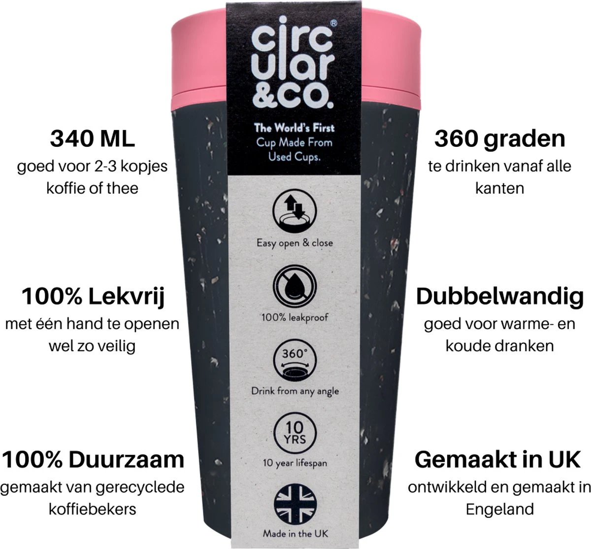 Circular&Co. Herbruikbare To Go Koffiebeker (rCUP) Zwart/roze 12oz/340ml 4 Circular&Co. Herbruikbare To Go Koffiebeker (rCUP) Zwart/roze 12oz/340ml - Afbeelding 2