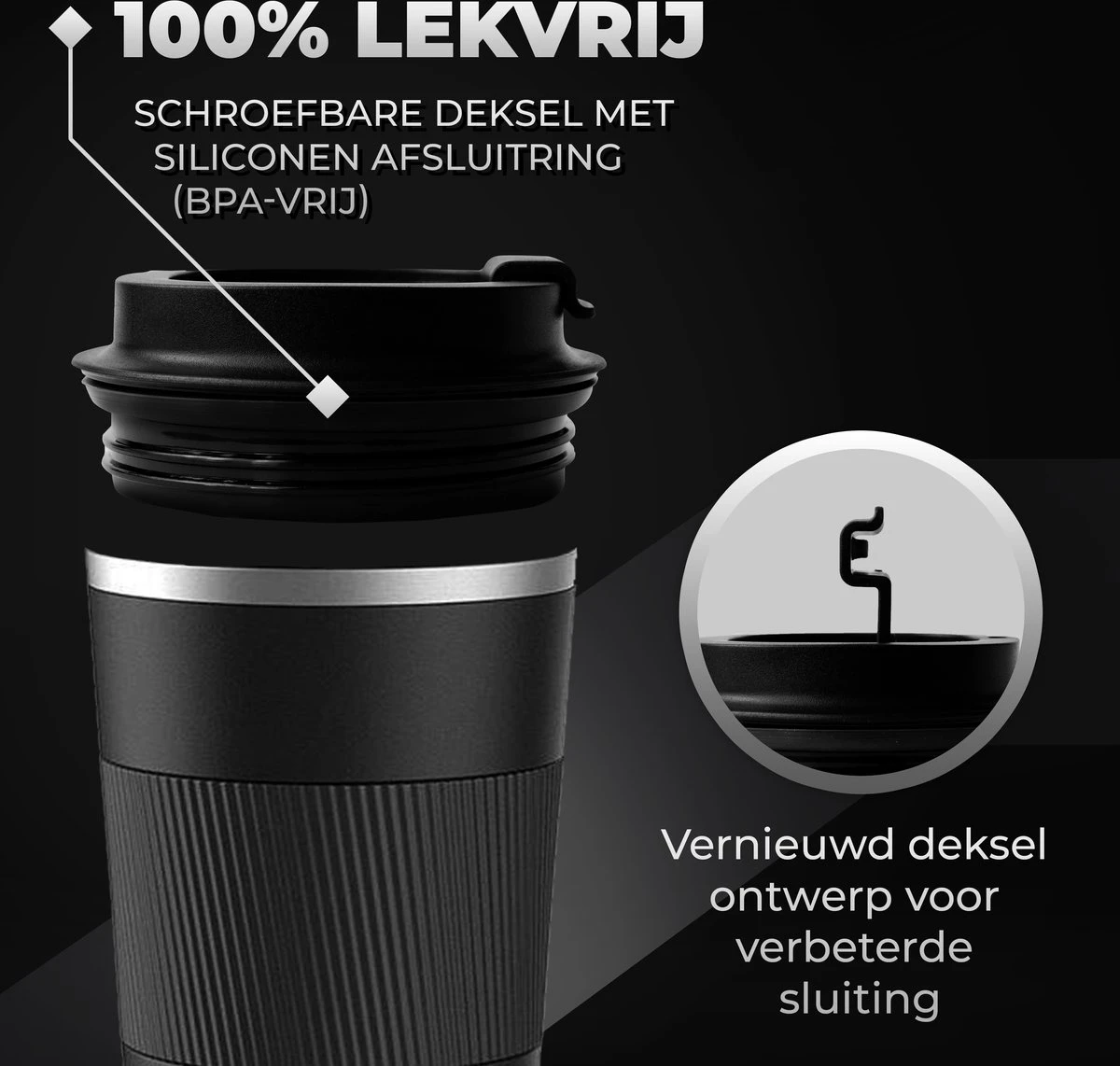Volcan RVS Koffiebeker To Go Met Sleeve - Thermosbeker - Theebeker - Coffee - Zwart 6 Volcan RVS Koffiebeker To Go Met Sleeve - Thermosbeker - Theebeker - Coffee - Zwart - Afbeelding 4