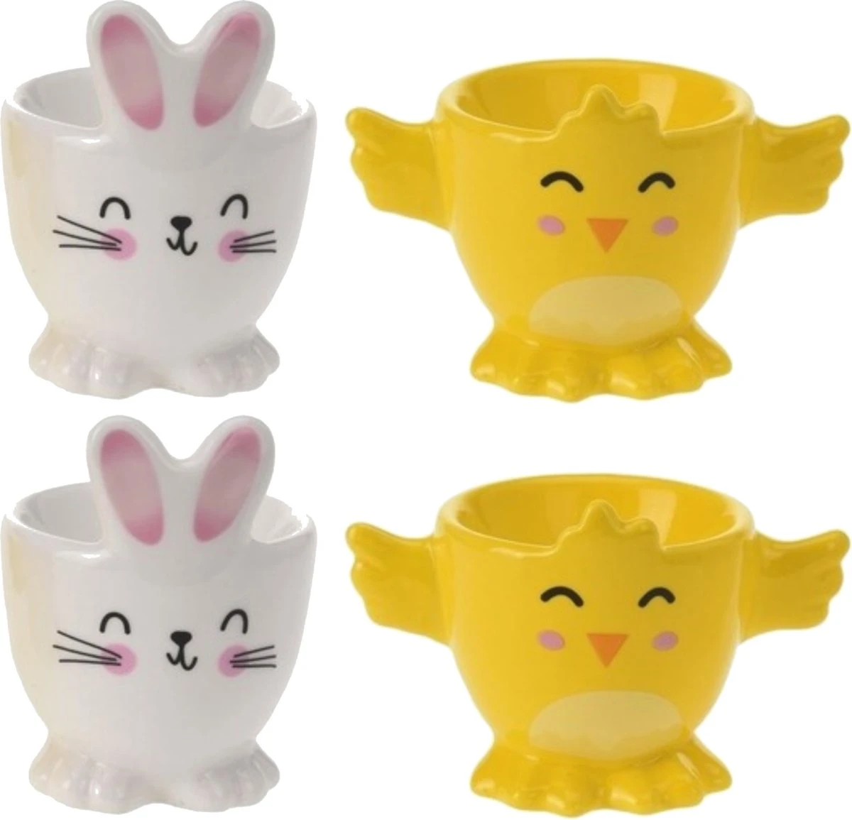 Merkloos 4x Witte Paashaas En Gele Kuiken Eierdopjes 7 Cm - Paasdecoratie/Paasontbijt