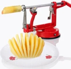 3-In-1 Appelmachine Rood - Appelboor, Appelschiller En Appelsnijder - Fruitsnijder - Groentesnijder - Klokhuis Verwijderaar - Fruitmachine - Keukenapparaat