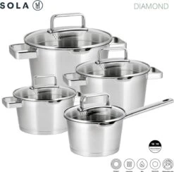 Sola Pannenset Diamond - 4 Delig - Ø 16,16,18,20 Cm - Zilver - RVS - Sandwichbodem -Keuken Benodigdheden Winkel 1200x1183 1