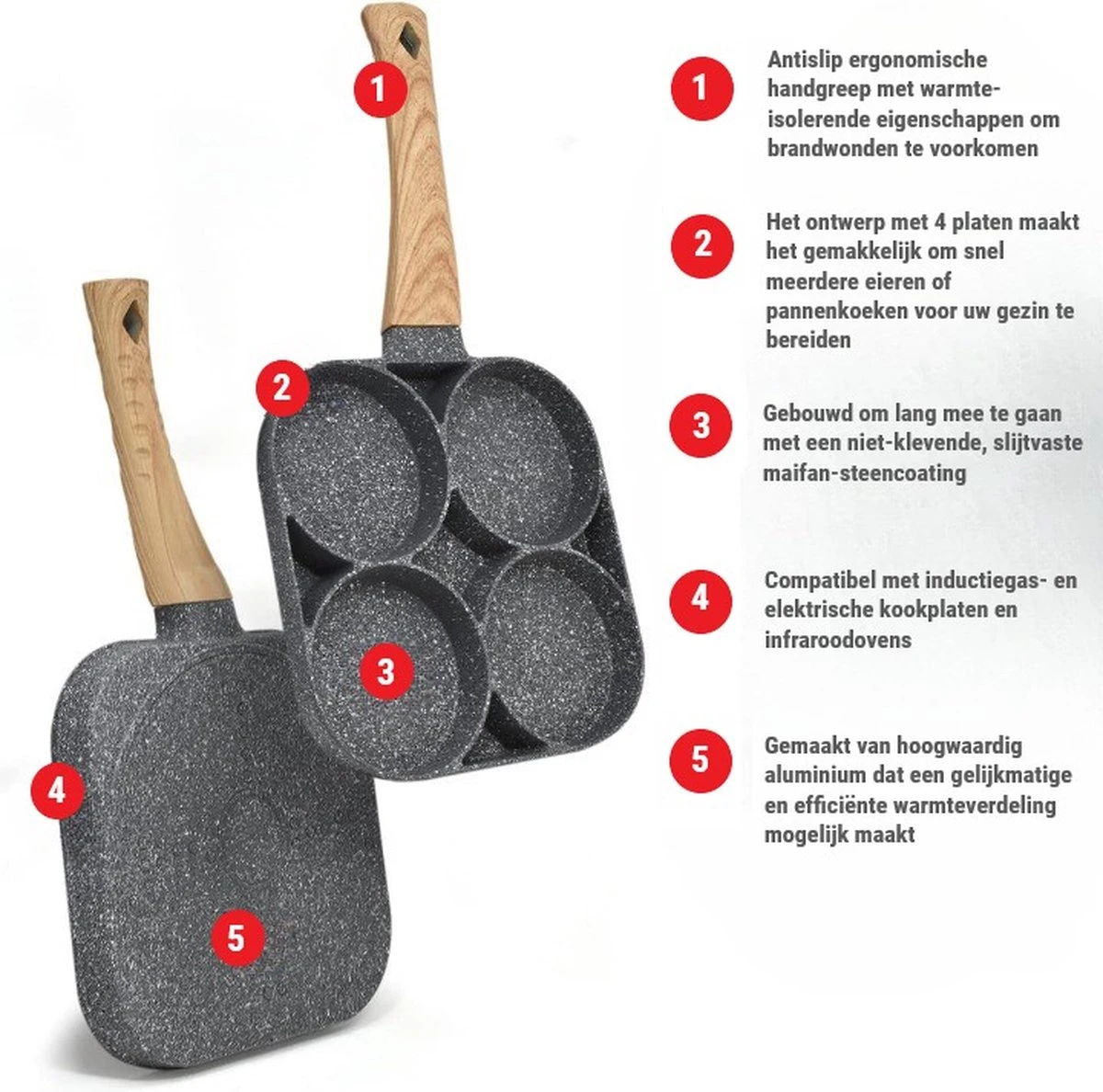 Professionele Koekenpan - Inductie - Voor Eieren / Pannekoeken / Hamburgers - Bakpan - Pan Voor 4 Eieren - Crepe Maker - Pannenkoekenmaker - Braadpan - Anti Aanbaklaag 4 Professionele Koekenpan - Inductie - Voor Eieren / Pannekoeken / Hamburgers - Bakpan - Pan Voor 4 Eieren - Crepe Maker - Pannenkoekenmaker - Braadpan - Anti Aanbaklaag - Afbeelding 2