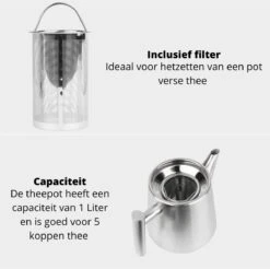 Castagnola Theepot Met Filter – Theekan – Theepot Dubbelwandig – Theepot Roestvrijstaal – Hoogwaardig RVS – 1 Liter – 5 Kopjes Thee – Zilver 13 Castagnola Theepot Met Filter – Theekan – Theepot Dubbelwandig – Theepot Roestvrijstaal – Hoogwaardig RVS – 1 Liter – 5 Kopjes Thee – Zilver -Keuken Benodigdheden Winkel 1200x1195 32