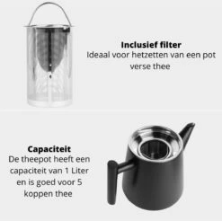 Castagnola Theepot Met Filter – Theekan – Theepot Dubbelwandig – Theepot Roestvrijstaal – Hoogwaardig RVS – 1 Liter – 5 Kopjes Thee – Zwart -Keuken Benodigdheden Winkel 1200x1195 41