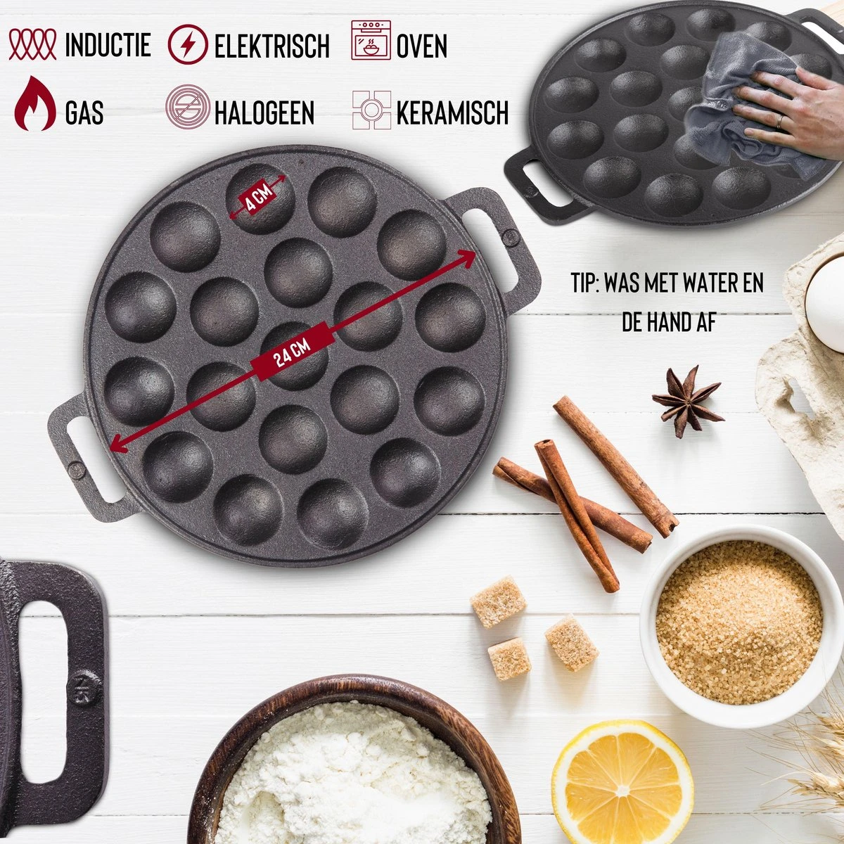 Rednas Poffertjespan Pakket - Incl. Luxe Giftbox - Incl.Bakkwast/Vork/Doseerfles - RVS/Gietijzer 7 Rednas Poffertjespan Pakket - Incl. Luxe Giftbox - Incl.Bakkwast/Vork/Doseerfles - RVS/Gietijzer - Afbeelding 5