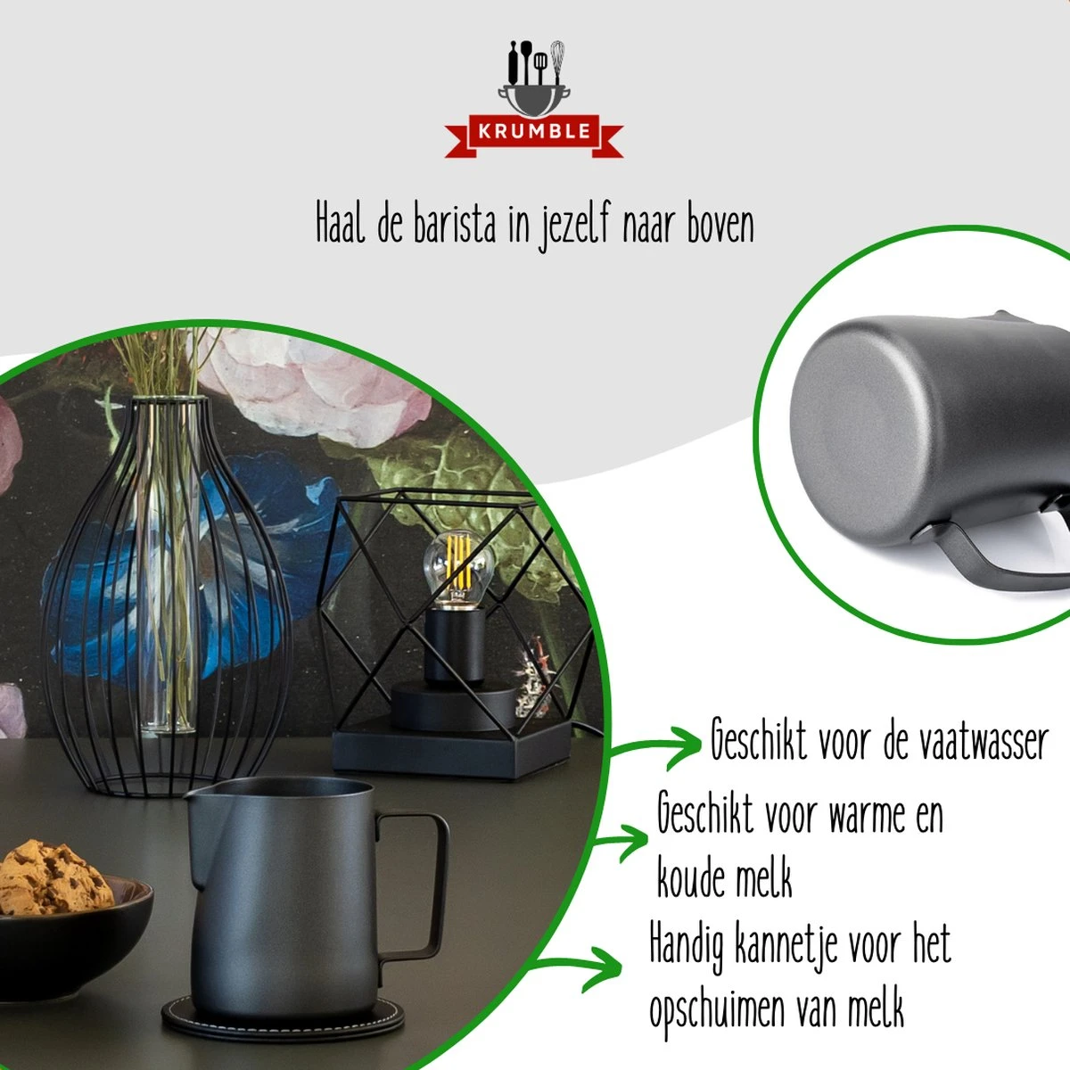 Krumble Melkkannetje 300ml / RVS Melkopschuimkan / Melkkan / Antraciet - Zwart 7 Krumble Melkkannetje 300ml / RVS Melkopschuimkan / Melkkan / Antraciet - Zwart - Afbeelding 5