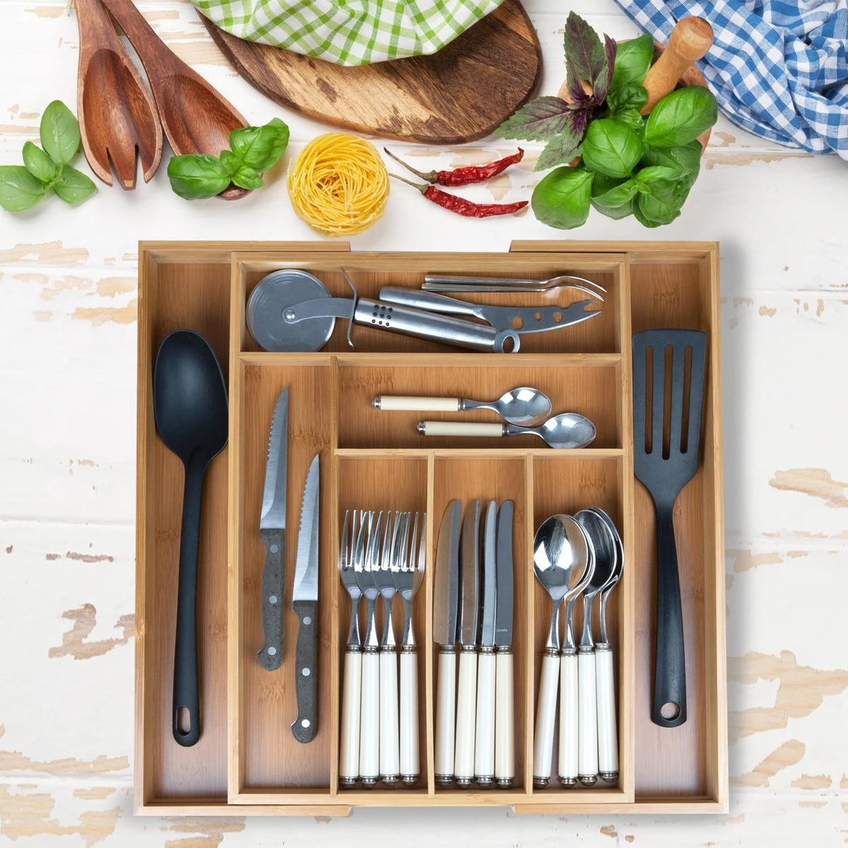 KitchenBrothers Bestekbak - Verstelbare Besteklade - 30 Tot 44.5cm - Bamboehout 4 KitchenBrothers Bestekbak - Verstelbare Besteklade - 30 Tot 44.5cm - Bamboehout - Afbeelding 2