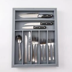 Merkloos Decopatent® Uitschuifbaar Bestekbak - Besteklade - 7 Vaks -> Uitschuifbaar Naar 9 Vakken - Bestekbakken Organizer - Bamboe - Grijs -Keuken Benodigdheden Winkel 1200x1200 242