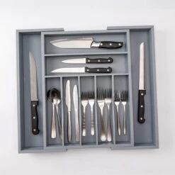 Merkloos Decopatent® Uitschuifbaar Bestekbak - Besteklade - 7 Vaks -> Uitschuifbaar Naar 9 Vakken - Bestekbakken Organizer - Bamboe - Grijs -Keuken Benodigdheden Winkel 1200x1200 243
