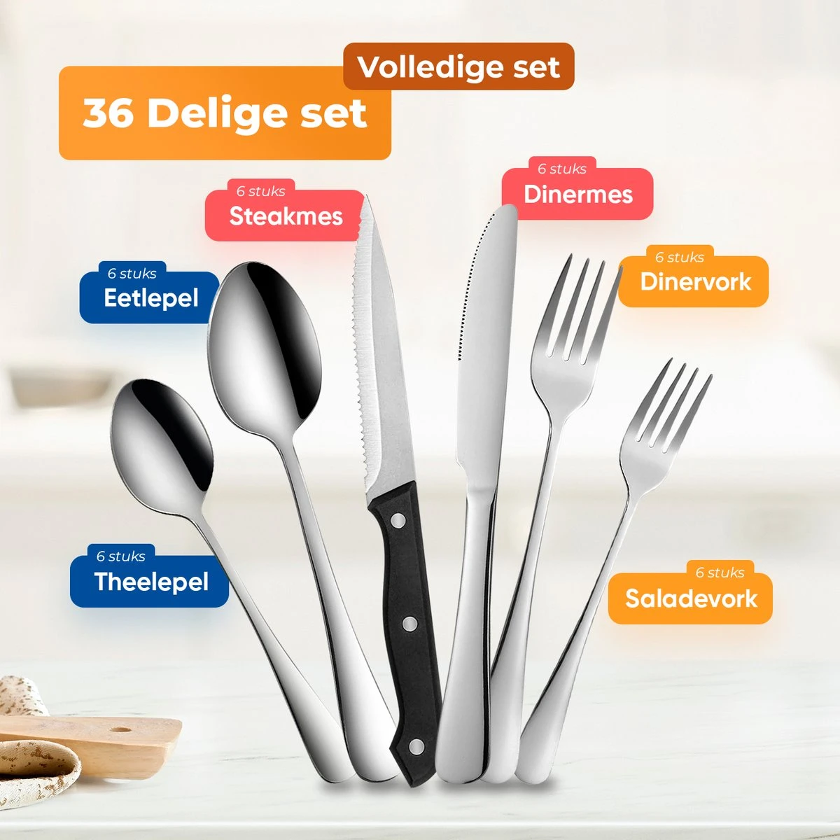 Strex Bestekset 6 Persoons - Zilver - 36-delig - Roestvrij Staal - Lepels, Messen, Vorken En Steakmessen - Hoogwaardige Kwaliteit 4 Strex Bestekset 6 Persoons - Zilver - 36-delig - Roestvrij Staal - Lepels, Messen, Vorken En Steakmessen - Hoogwaardige Kwaliteit - Afbeelding 2