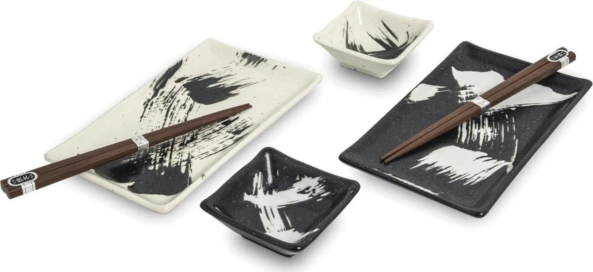 Edo Japan | BLACK & WHITE MIX | Japanse Sushi Servies Set | 6-Delig | 2 Persoons | Streep Motief 4 Edo Japan | BLACK & WHITE MIX | Japanse Sushi Servies Set | 6-Delig | 2 Persoons | Streep Motief - Afbeelding 2