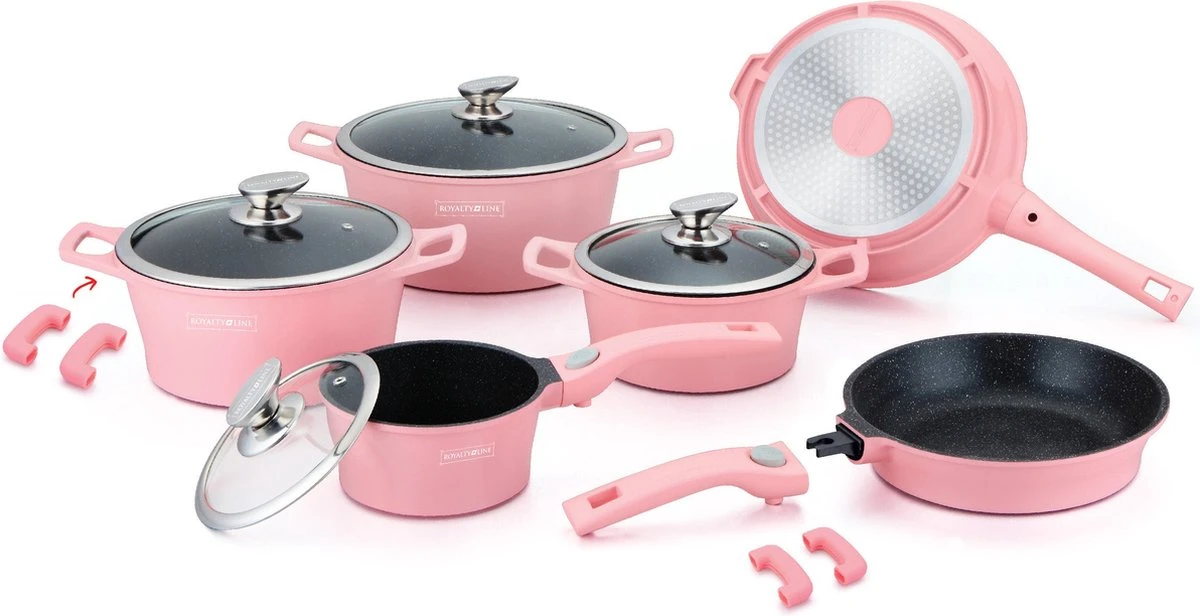 Royalty Line Inductie Pannenset - Luxe 14-delige Pannenset Marmeren Coating - Pannen Met Afneembare Handvaten - Oven-Ready - PFAS-Vrij - Voor Alle Warmtebronnen - Afneembare Koudgrepen - Antiaanbaklaag - Koekenpan Met Glazen Deksels - Roze 3 Royalty Line Inductie Pannenset - Luxe 14-delige Pannenset Marmeren Coating - Pannen Met Afneembare Handvaten - Oven-Ready - PFAS-Vrij - Voor Alle Warmtebronnen - Afneembare Koudgrepen - Antiaanbaklaag - Koekenpan Met Glazen Deksels - Roze