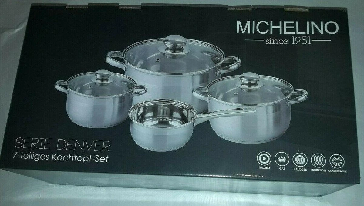 Michelino Pannenset Inductie 7-Delig - Glazendeksels - RVS Pannen - Steelpan/Kookpannen - Zilver 4 Michelino Pannenset Inductie 7-Delig - Glazendeksels - RVS Pannen - Steelpan/Kookpannen - Zilver - Afbeelding 2