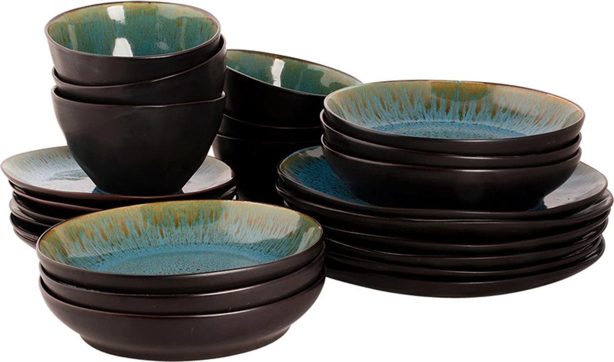 Palmer Serviesset Lotus Stoneware 6-persoons 24-delig Zwart Turquoise 4 Palmer Serviesset Lotus Stoneware 6-persoons 24-delig Zwart Turquoise - Afbeelding 2