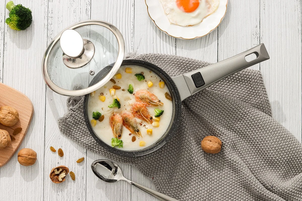 Swiss Pro+ | Set 14 Delige Pannenset | Inductie - Pannensets - Glazen Deksel - Met Afneembare Handgreep - Marmeren Interieur -PFAS-vrij | Grey / Silver 6 Swiss Pro+ | Set 14 Delige Pannenset | Inductie - Pannensets - Glazen Deksel - Met Afneembare Handgreep - Marmeren Interieur -PFAS-vrij | Grey / Silver - Afbeelding 4