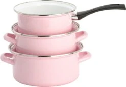Lite-Body Pannenset - 3-delig - 2 Kookpannen & 1 Steelpan - Emaille - Serafijn Roze -Keuken Benodigdheden Winkel 1200x836 1