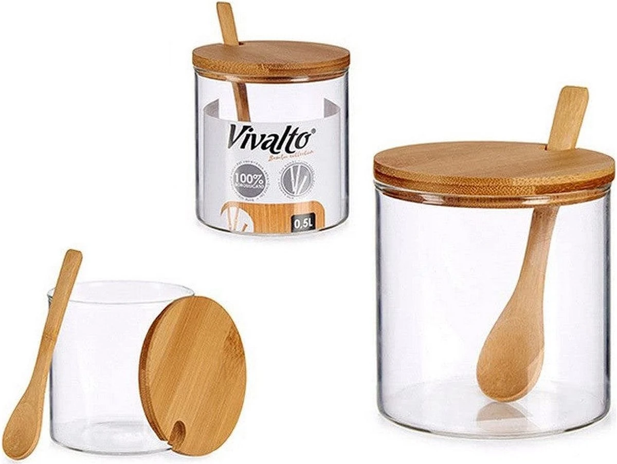 Suikerkom / Suikerpotje Glas Met Bamboe Houten Lepel En Deksel 520 ML 4 Suikerkom / Suikerpotje Glas Met Bamboe Houten Lepel En Deksel 520 ML - Afbeelding 2