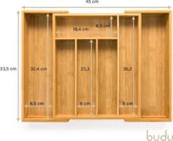 Budu Uitschuifbare Bamboe Bestekbak #33,5 (33,5 Cm Diep) - Bestekcassette Hout - Besteklade - 33,5 X 28 - 45 Cm - 5/7 Vakken 16 Budu Uitschuifbare Bamboe Bestekbak #33,5 (33,5 Cm Diep) - Bestekcassette Hout - Besteklade - 33,5 X 28 - 45 Cm - 5/7 Vakken -Keuken Benodigdheden Winkel 1200x982