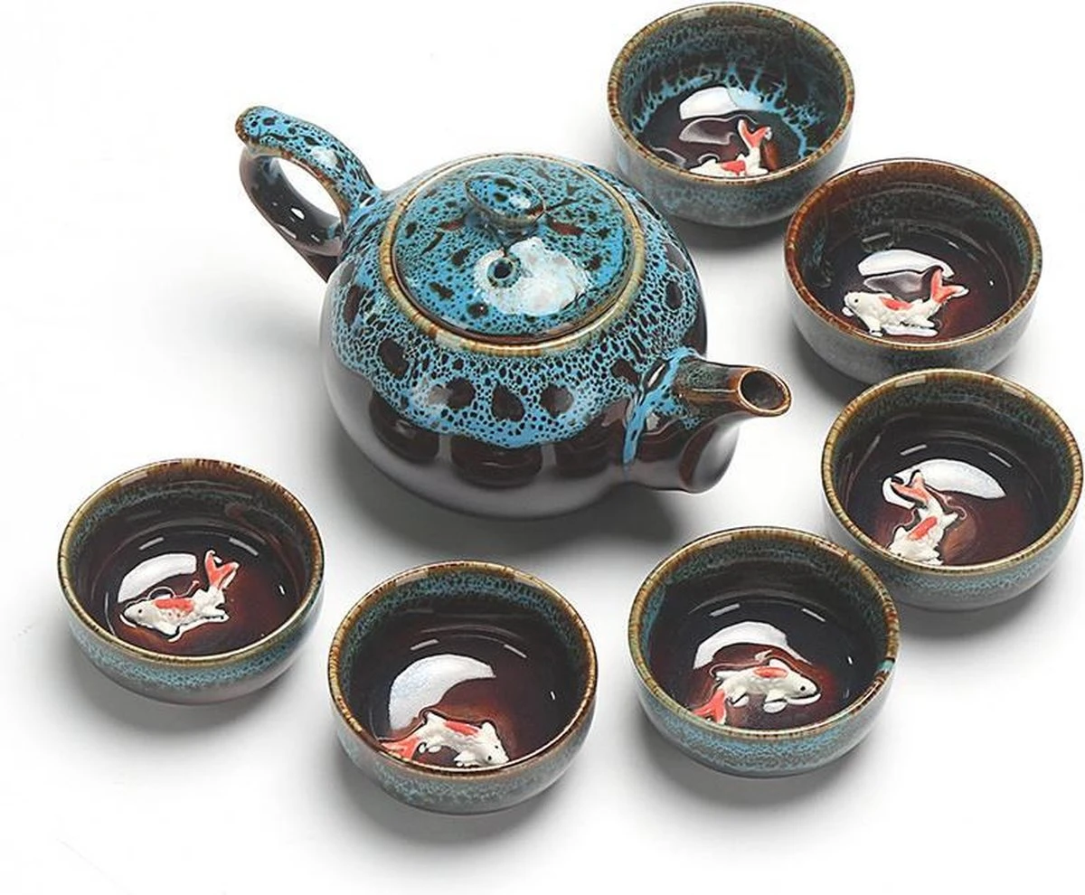 Merkloos Chinese Kung Fu Theeset Keramiek - Theepot Met 6 Kopjes - Koi Karper Design - Blauw 3 Merkloos Chinese Kung Fu Theeset Keramiek - Theepot Met 6 Kopjes - Koi Karper Design - Blauw